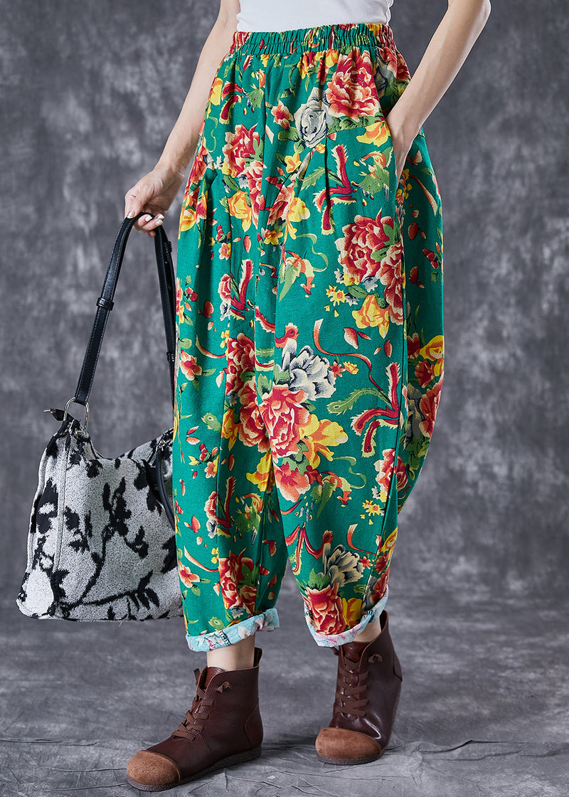 Green Oversized Print Cotton Harem Pants Summer