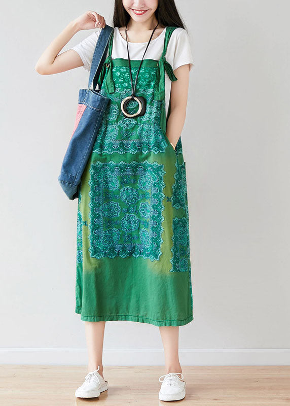 Green Oversized Print Cotton Strap Dress Spring