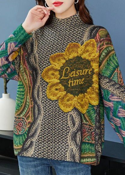 Green Oversized Print Thick Wool Knit Top Winter