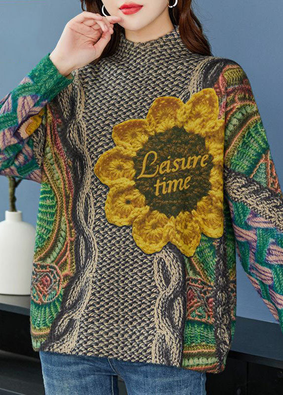Green Oversized Print Thick Wool Knit Top Winter