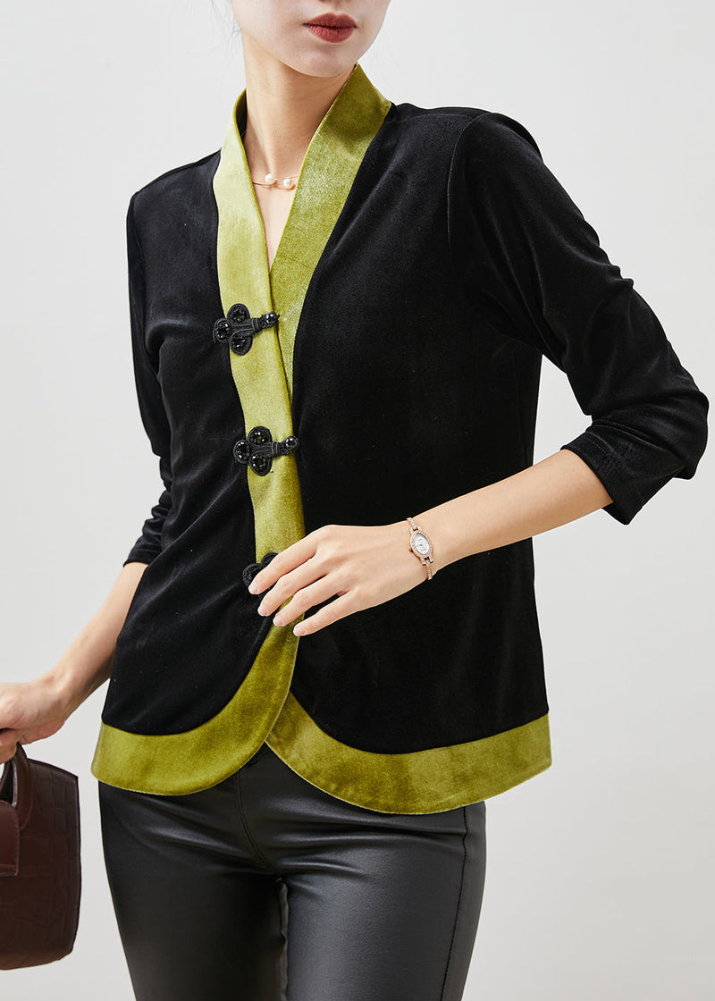 Green Patchwork Oriental Silk Velour Blouses Spring