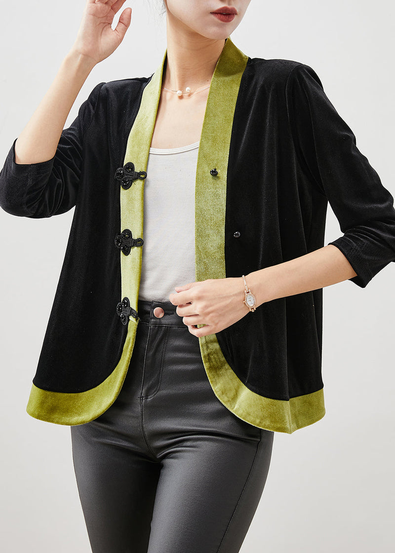 Green Patchwork Oriental Silk Velour Blouses Spring
