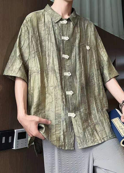 Green Peter Pan Collar Button Cotton Shirts Summer