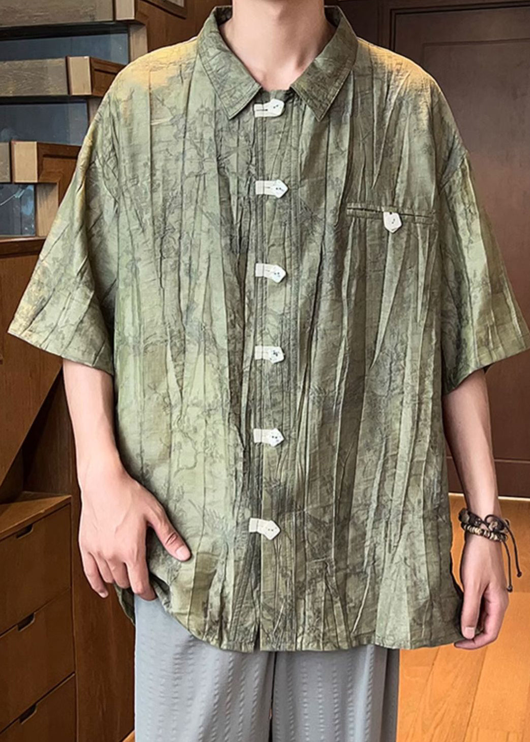 Green Peter Pan Collar Button Cotton Shirts Summer
