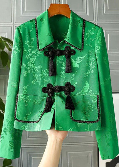Green Peter Pan Collar Chinese Button Print Patchwork Silk Coats Spring