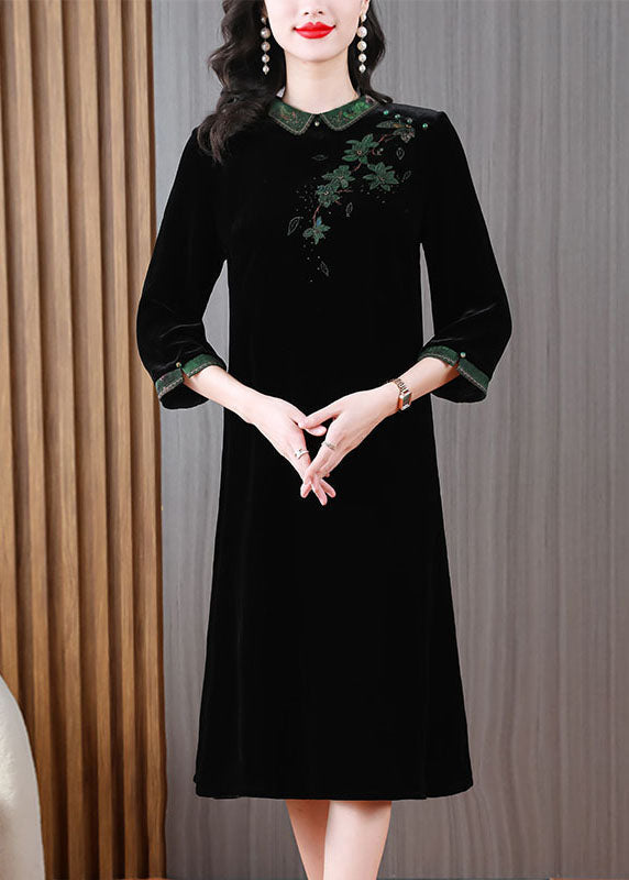 Green Peter Pan Collar Embroidered Silk Velour Long Dress Long Sleeve
