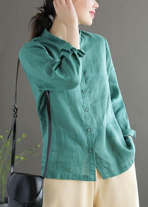 Vintage Green Peter Pan Collar Patchwork Summer Linen Blouses Long Sleeve