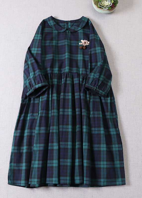 Green Peter Pan Collar Plaid Cotton Dress Spring