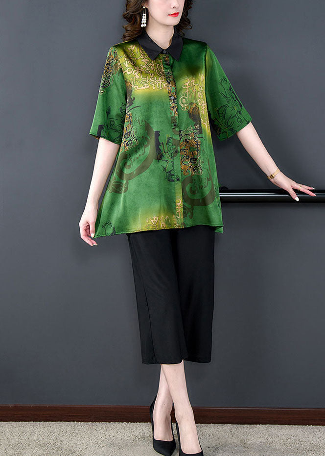 Green Peter Pan Collar Print Tops and Pants Silk Two Pieces Set Summer