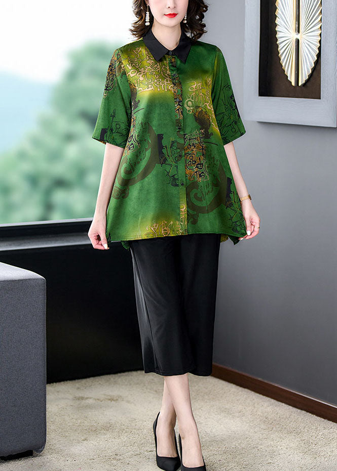 Green Peter Pan Collar Print Tops and Pants Silk Two Pieces Set Summer