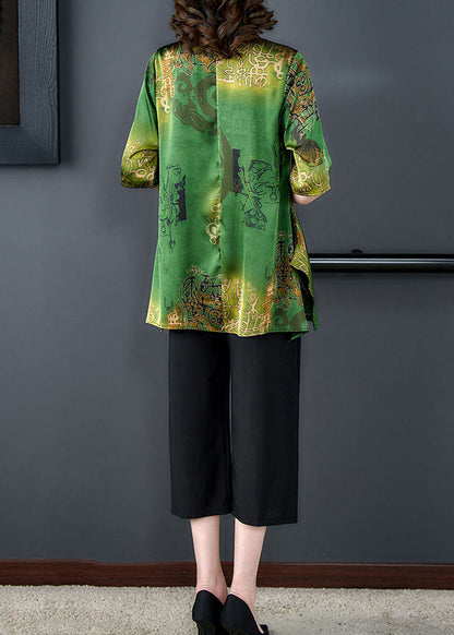 Green Peter Pan Collar Print Tops and Pants Silk Two Pieces Set Summer