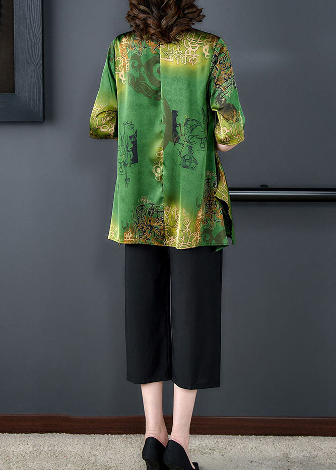 Green Peter Pan Collar Print Tops and Pants Silk Two Pieces Set Summer