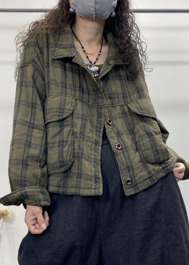 Green Plaid Button Patchwork Cotton Filled Coat Long Sleeve
