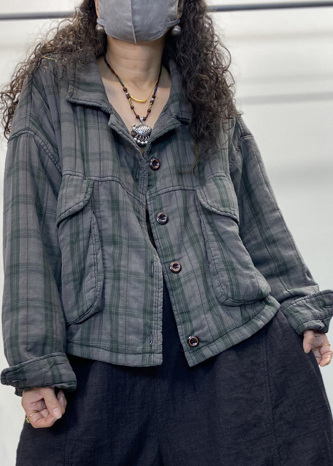 Green Plaid Button Patchwork Cotton Filled Coat Long Sleeve