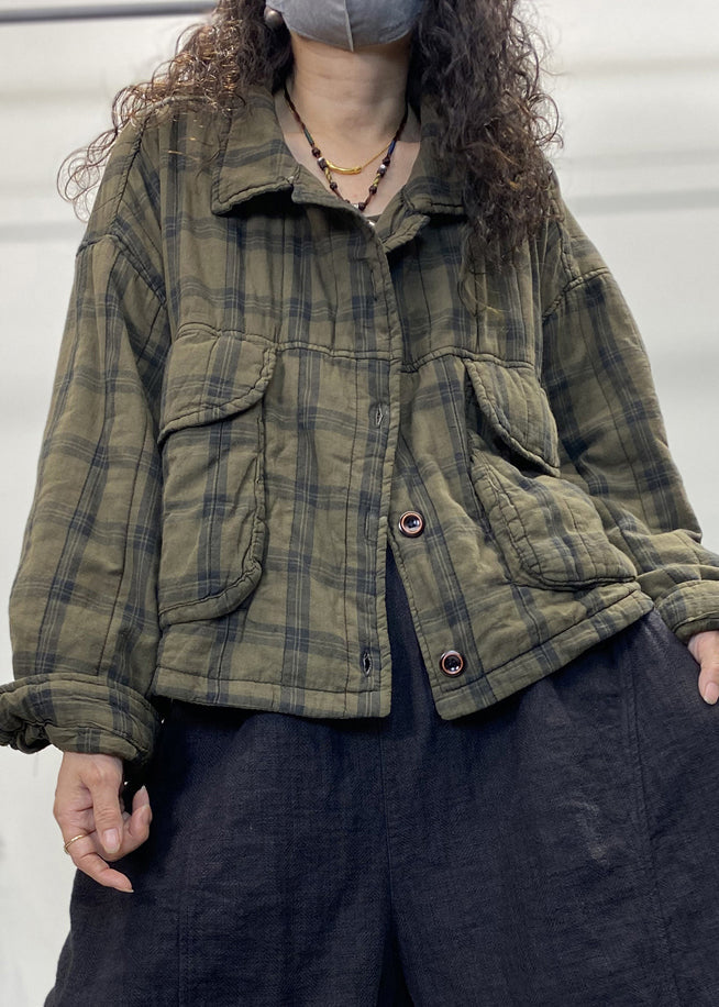Green Plaid Button Patchwork Cotton Filled Coat Long Sleeve