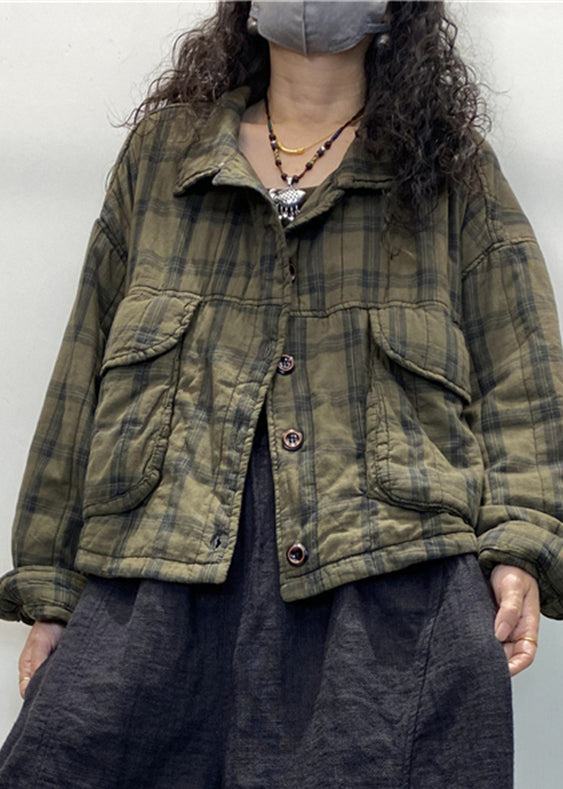 Green Plaid Button Patchwork Cotton Filled Coat Long Sleeve