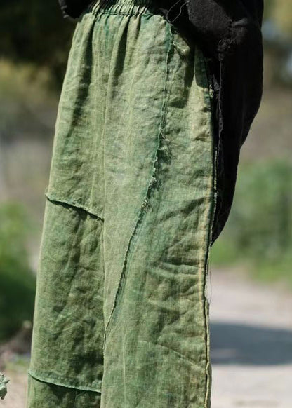 Green Pockets Elastic Waist Linen Crop Pants Summer