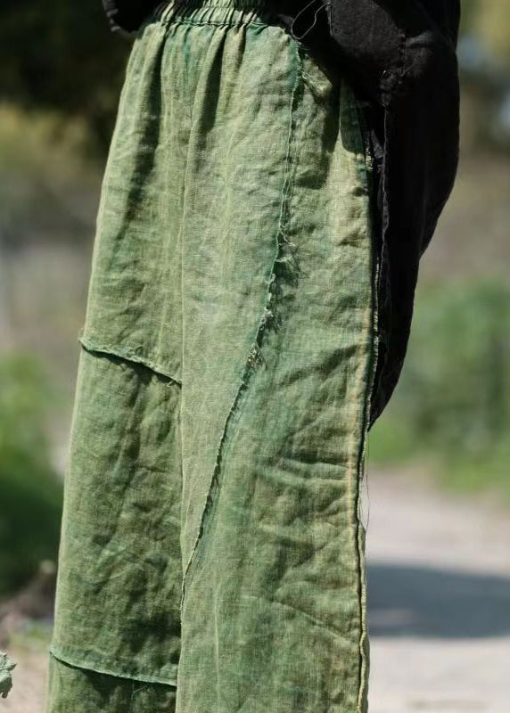 Green Pockets Elastic Waist Linen Crop Pants Summer