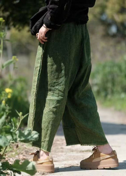 Green Pockets Elastic Waist Linen Crop Pants Summer