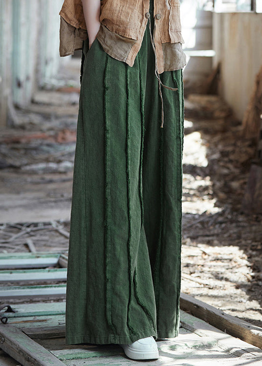 Green Pockets Elastic Waist Linen Pants Summer