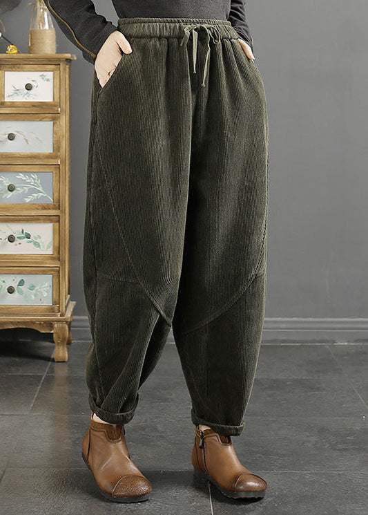 Green Pockets Patchwork Warm Fleece Corduroy Crop Pants Winter