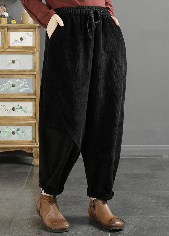 Green Pockets Patchwork Warm Fleece Corduroy Crop Pants Winter