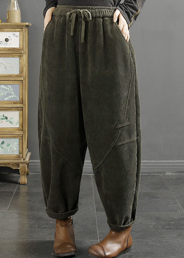 Green Pockets Patchwork Warm Fleece Corduroy Crop Pants Winter