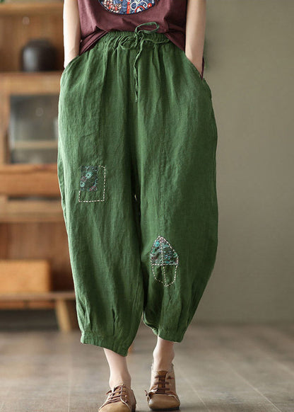 Green Pockets Print Elastic Waist Linen Harem Pants Summer