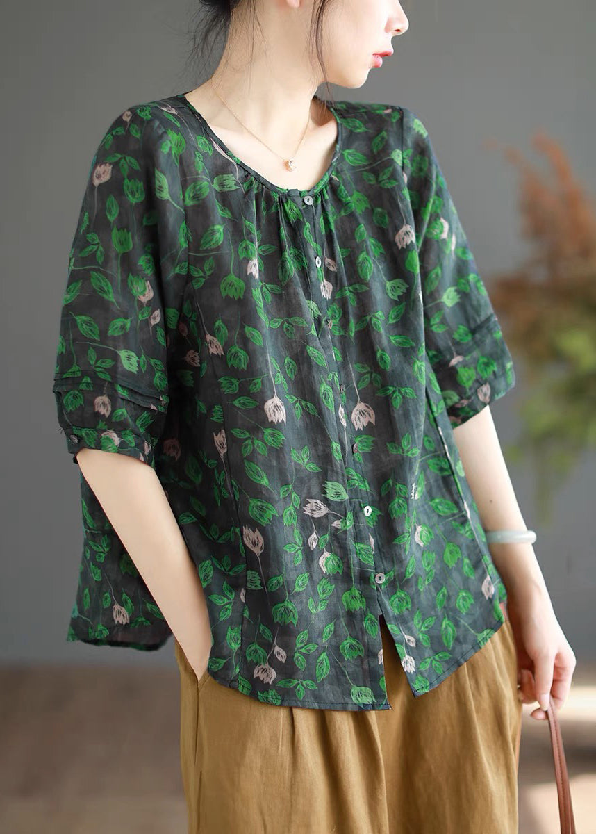 Green Print Button Linen Shirt Half Sleeve