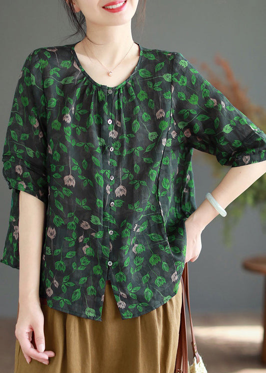 Green Print Button Linen Shirt Half Sleeve