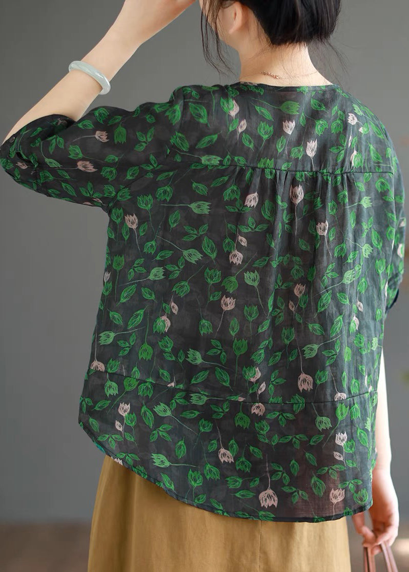 Green Print Button Linen Shirt Half Sleeve