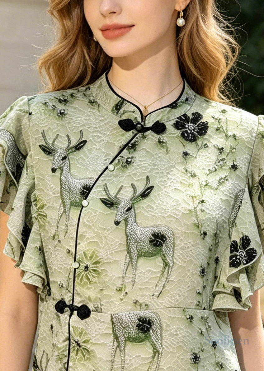 Green Print Chinese Button Silk Shirt Butterfly Sleeve
