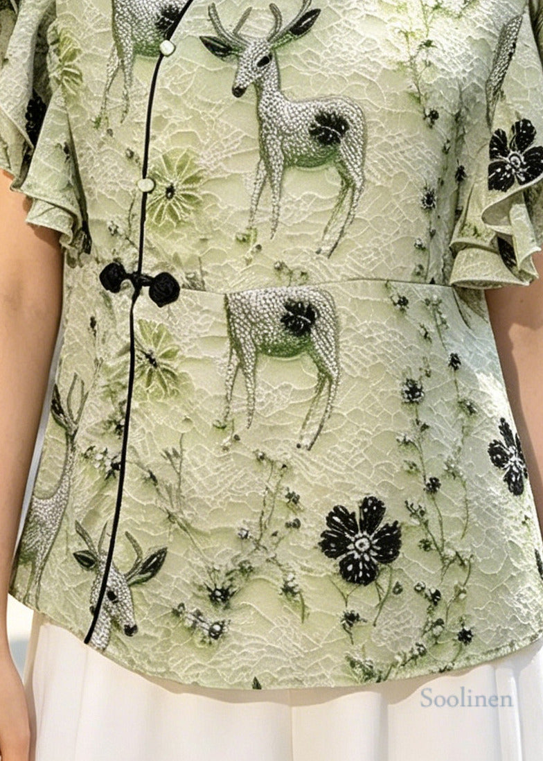 Green Print Chinese Button Silk Shirt Butterfly Sleeve