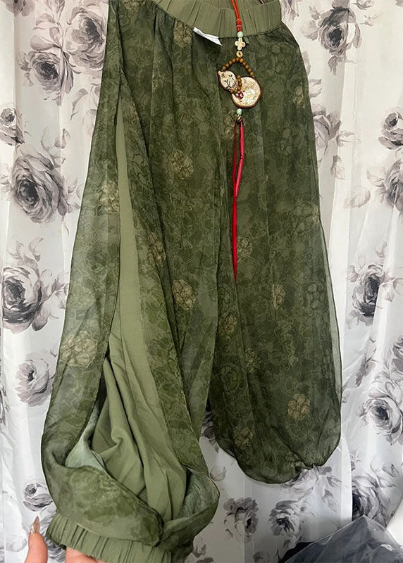 Green Print Elastic Waist Tulle Crop Pants