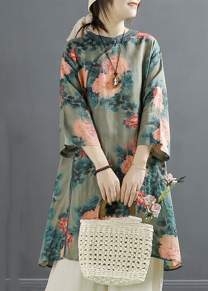 Green Print Oriental Linen Dress Bracelet Sleeve