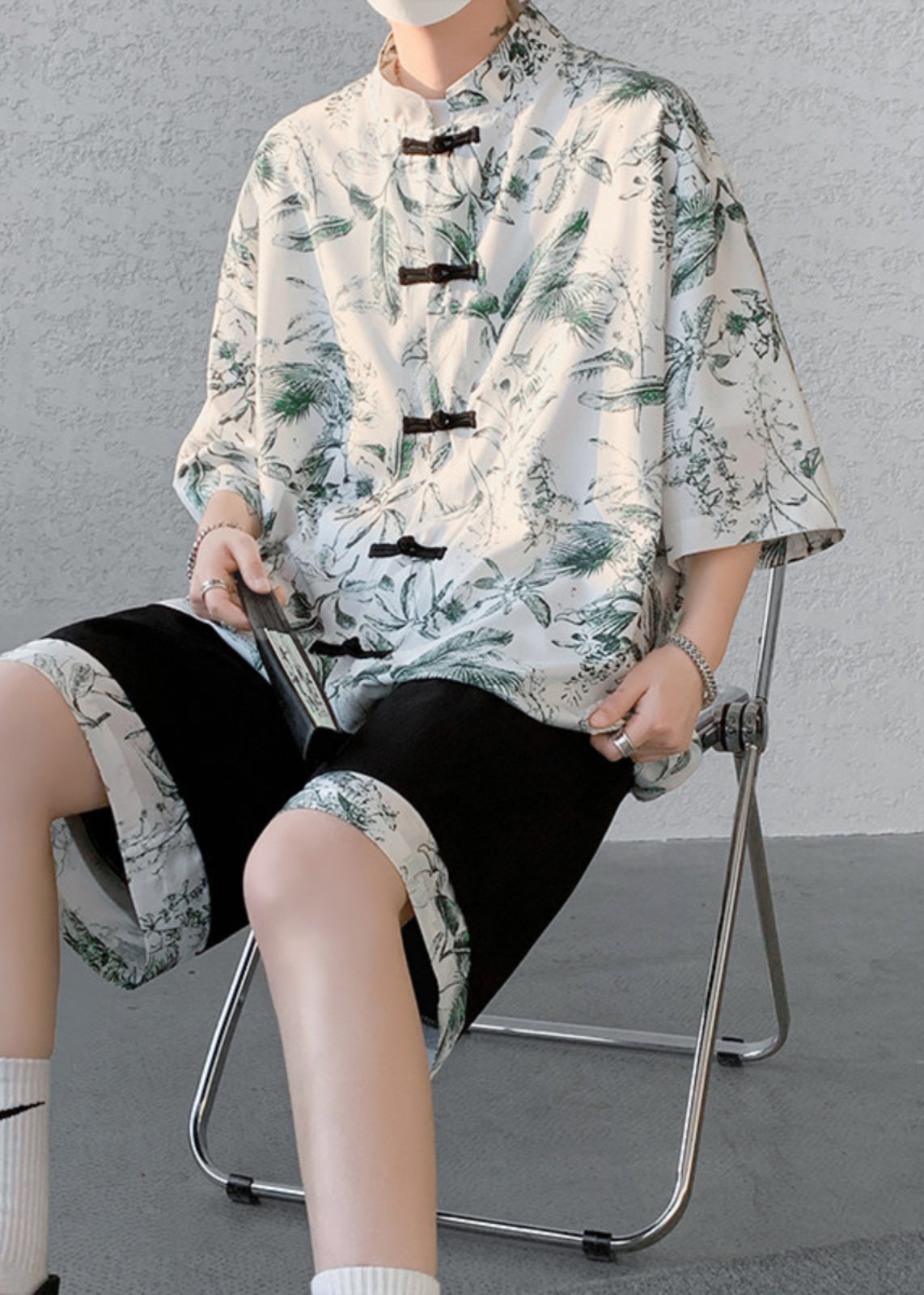 Green Print Patchwork Shirt and Shorts Two Pieces Set Summer