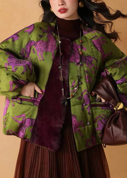Green Print Patchwork Mink Velvet Duck Down Puffers Jackets Winter