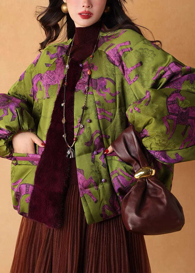 Green Print Patchwork Mink Velvet Duck Down Puffers Jackets Winter