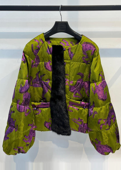 Green Print Patchwork Mink Velvet Duck Down Puffers Jackets Winter