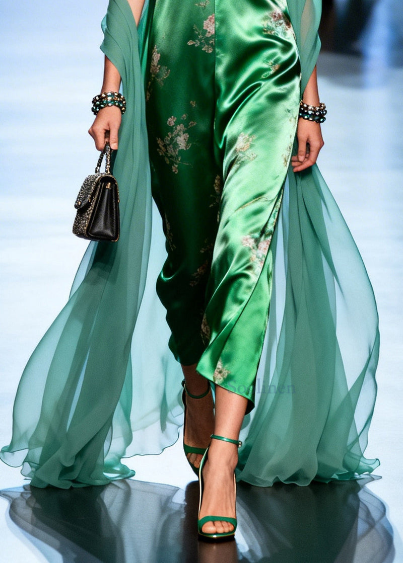 Green Print Patchwork Tulle Holiday Dress Summer