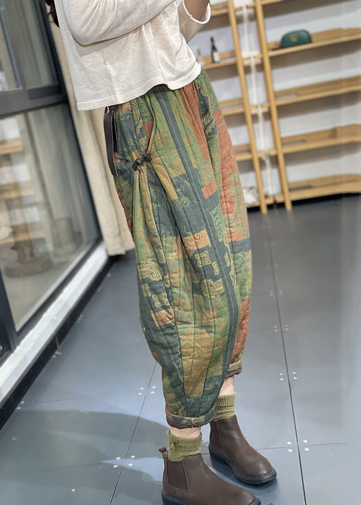 Green Print Pockets High Waist Cotton Filled Pants Winter