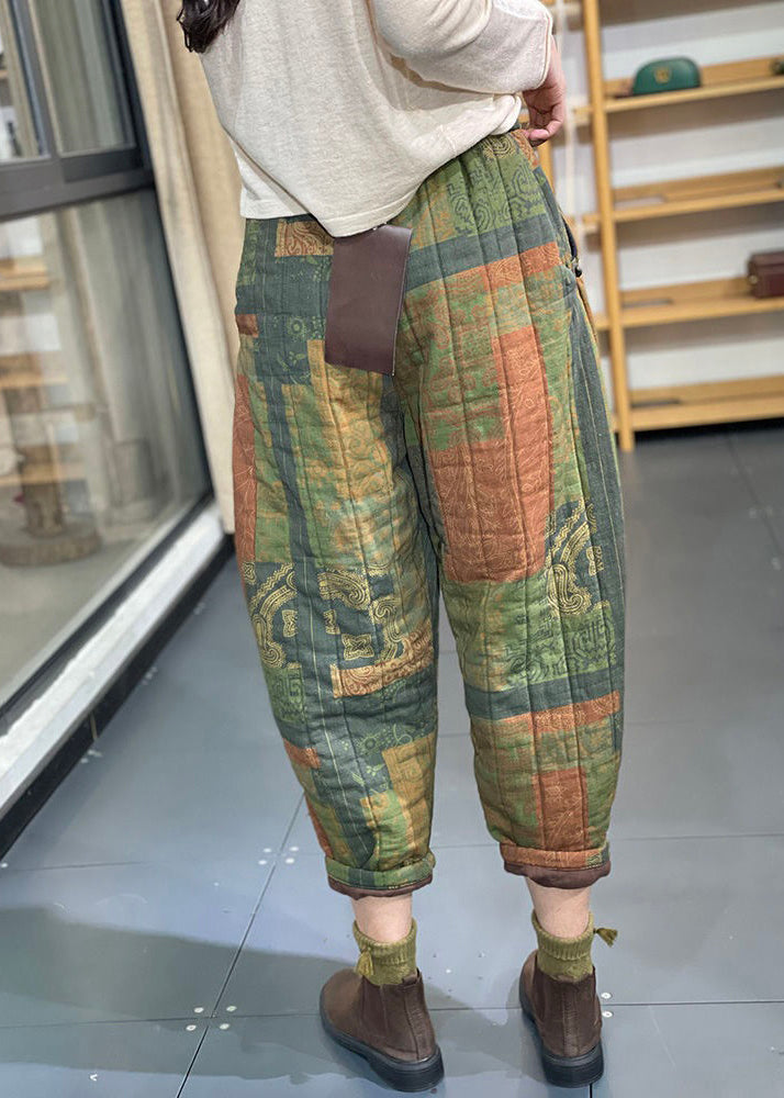 Green Print Pockets High Waist Cotton Filled Pants Winter