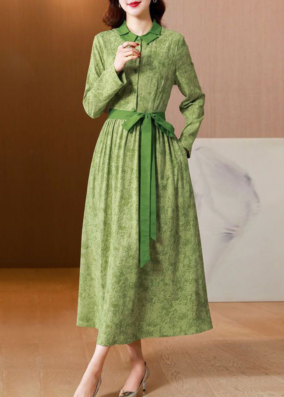 Green Print Tie Waist Linen Holiday Dress Spring