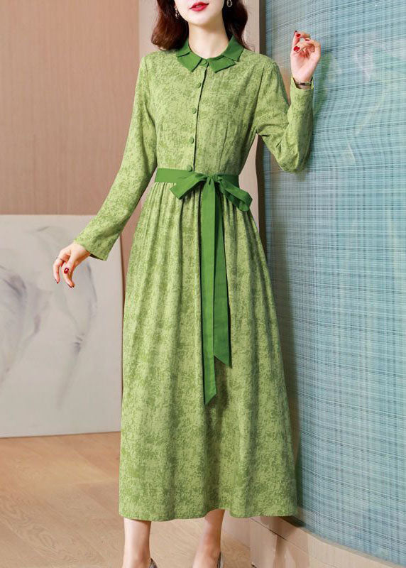 Green Print Tie Waist Linen Holiday Dress Spring