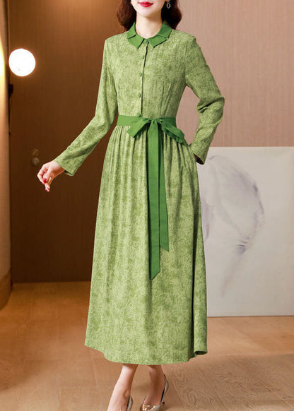 Green Print Tie Waist Linen Holiday Dress Spring