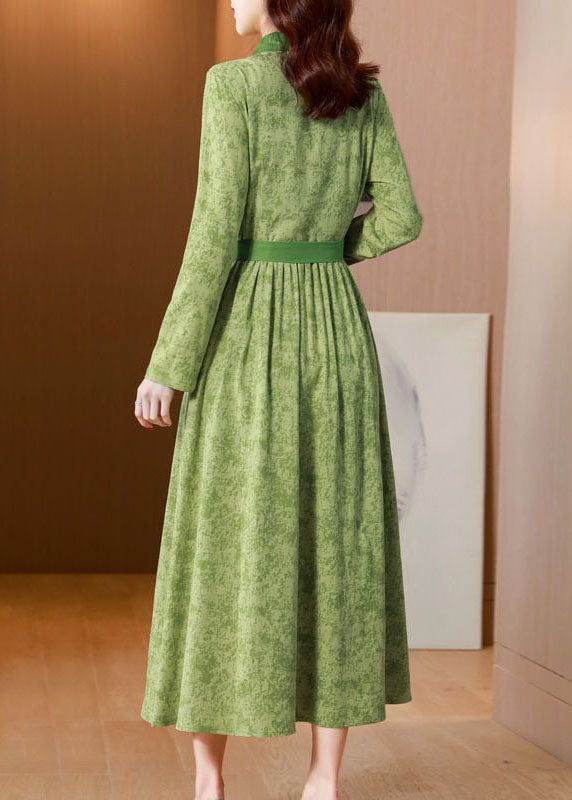 Green Print Tie Waist Linen Holiday Dress Spring
