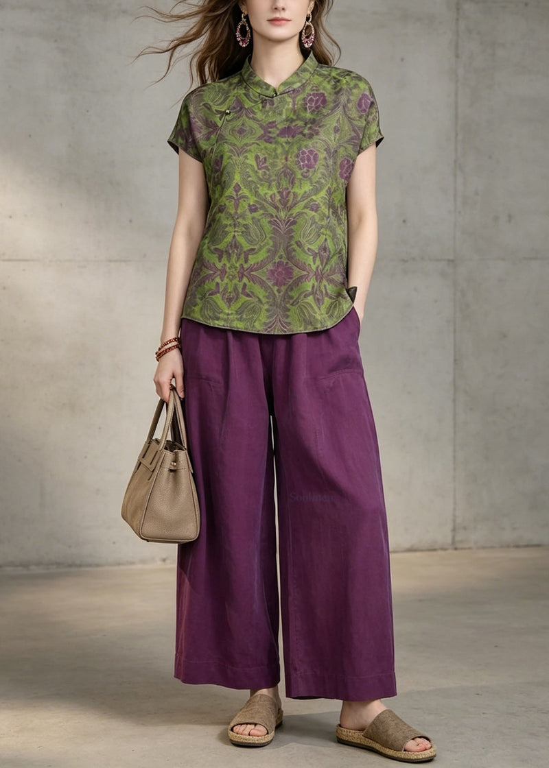 Green Print Top and Purple Pants Cotton Two Pieces Set Summer