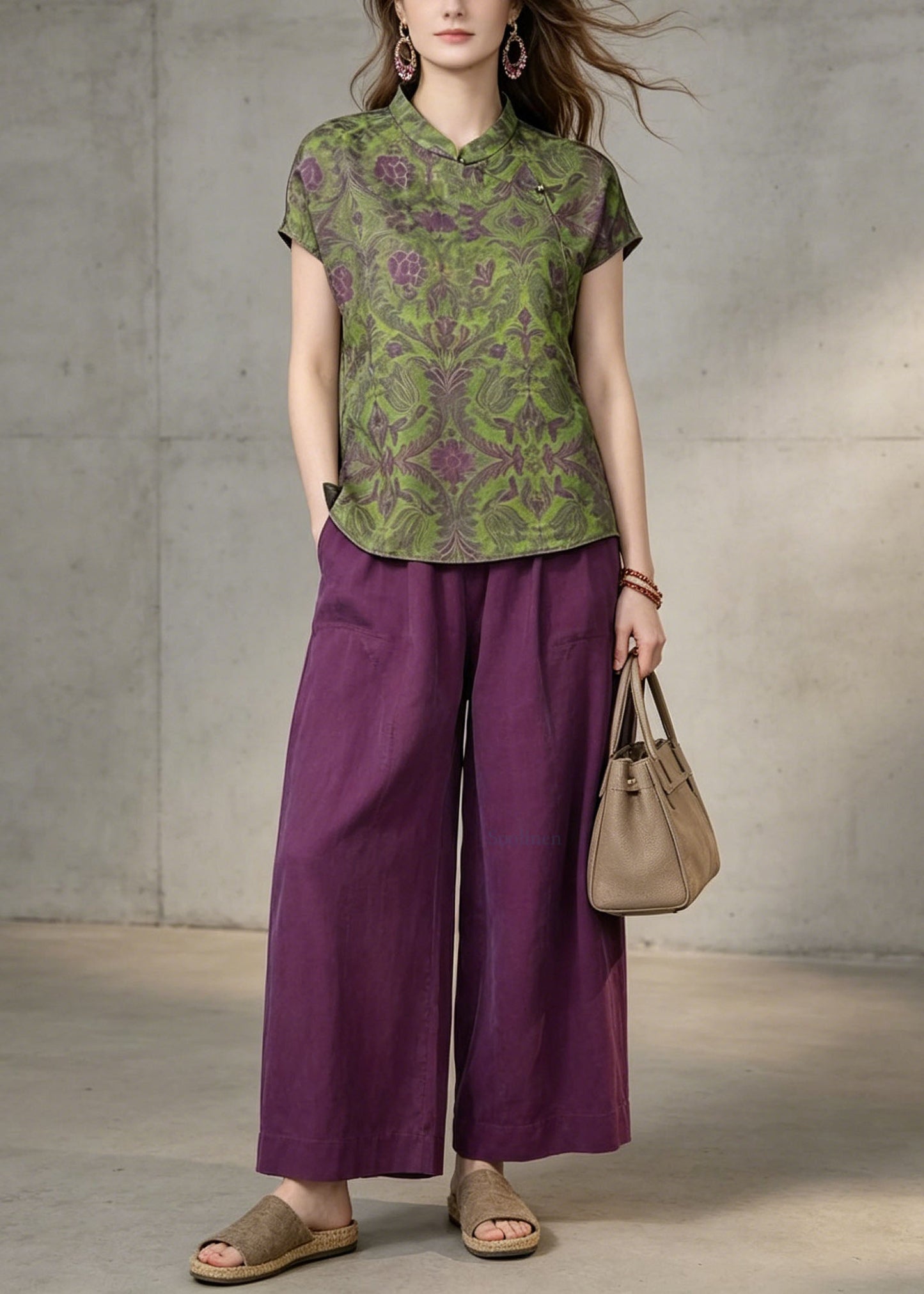 Green Print Top and Purple Pants Cotton Two Pieces Set Summer
