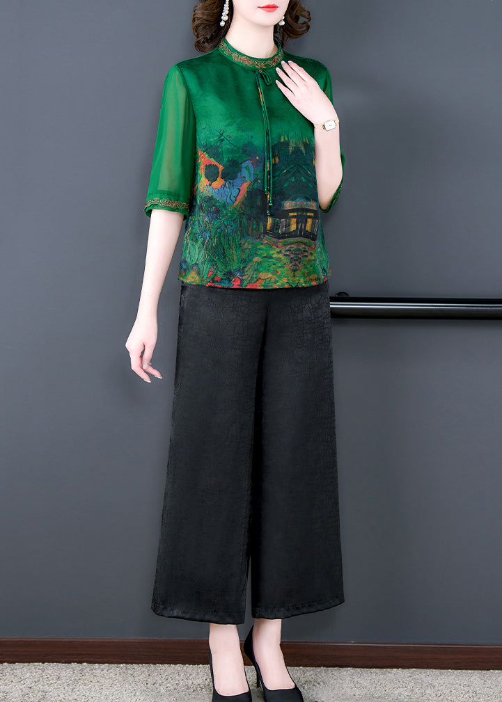Green Print Tops and Pants Silk Two Pieces Set Summer