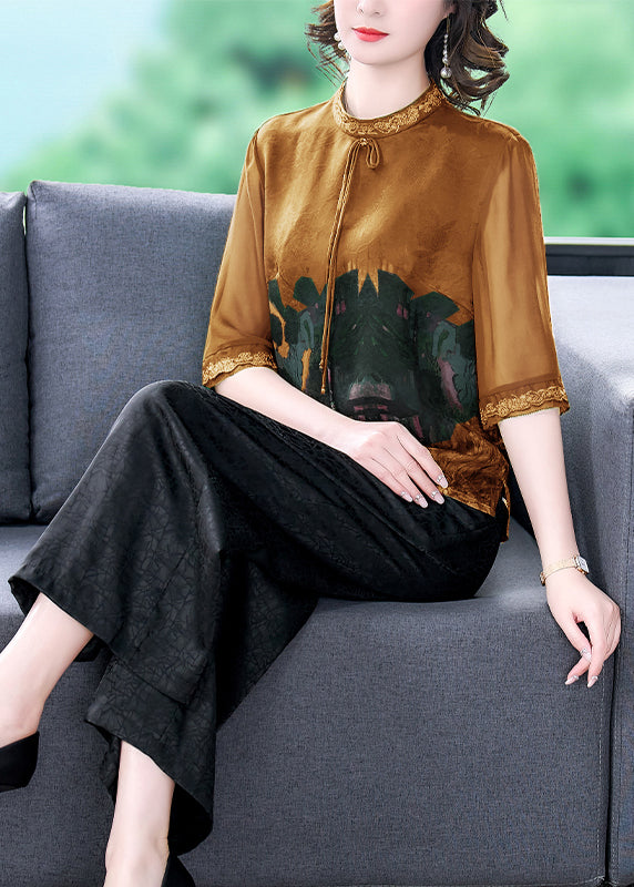 Green Print Tops and Pants Silk Two Pieces Set Summer